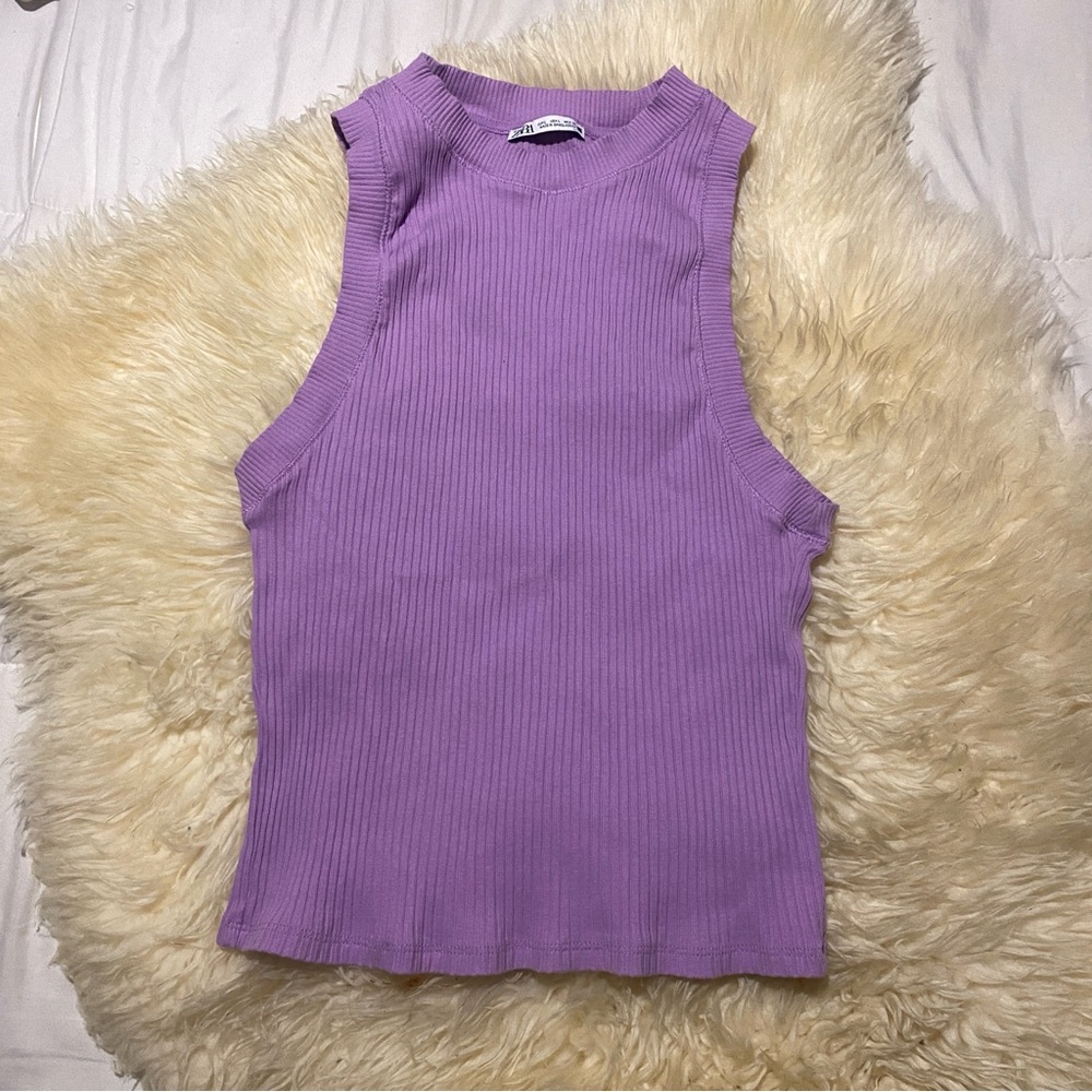 Zara Lavender Ribbed high neck halter tank L knit stretch